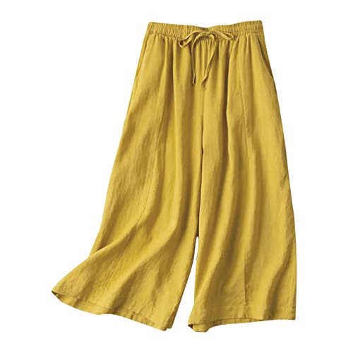 Caprihose Damen Sommer,Damen Leinenhose Weite Beine Hose Sommer Loose Hose Locker Sommerhose Leicht Weites Bein Pumphose Retro Culottes Hosen Leinen Freizeithose Lang Große Größen von FUPODD