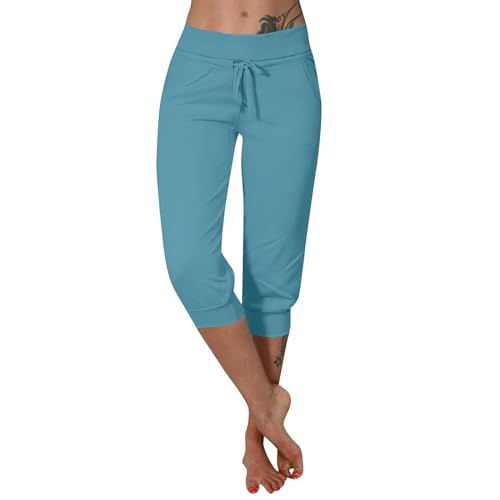 Caprihose Damen Sommer Sporthose Damen Kurz Mit Taschen Dreiviertel Hose Damen Laufhose Damen Baggy Jogginghose Damen Mit Gummizug Sommerhose Damen Leicht Luftig 3/4 Hose Damen Wanderhose Damen von FUPODD