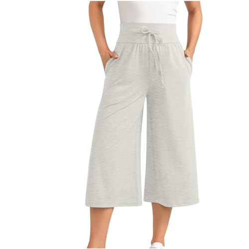 Caprihose Damen Weite Stoffhose Damen Sommer 3/4 Culottes Hosen Damen Leicht Luftig Dreiviertel Palazzo Hose Damen Musselin Hose Damen Mit Drawstring Gürtel Plissee Marlenehose Damen Mit Taschen von FUPODD