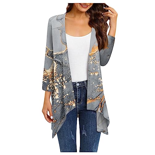 Cardigan Damen Elegant Strickjacken Für Damen Lang Lässige Leichte Strickjacke Damen 3/4 Ärmel Strickmantel Frauen Aufdruck Cardigans Sweater High Low Saum Mantel Mit Tasche Jacke Open Front von FUPODD