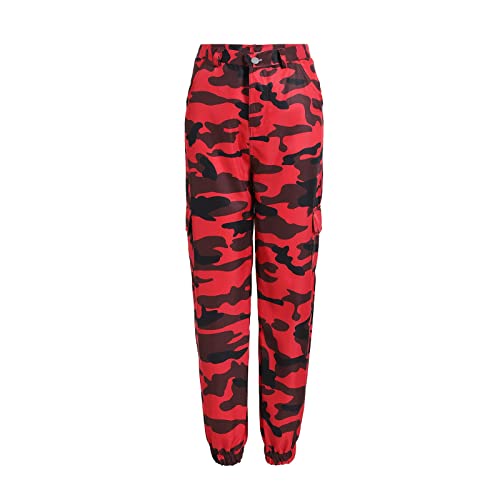 Cargohose Damen Baggy Camouflage Hose High Waist Camo Hosen Mit Seitentaschen Wanderhose Hoher Bund Stoffhose Sport Tarnhose Frauen Jogginghose Multi Taschen Sommerhose Leicht Arbeitshose von FUPODD