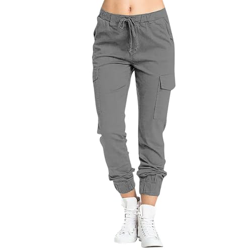 Cargohose Damen Multi Taschen Arbeitshose Frauen High Waist Jogginghose Mit Drawstring Gürtel Wanderhose Outdoorhose Sporthose Freizeithose Streetwear Cargo Hose Athletisch Trekkinghose von FUPODD
