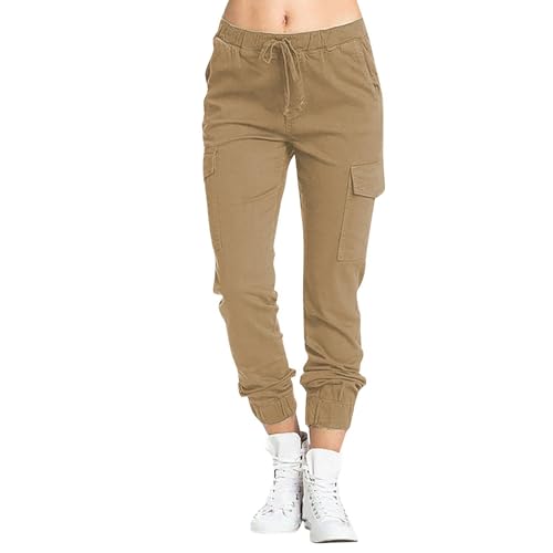 Cargohose Damen Multi Taschen Arbeitshose Frauen High Waist Jogginghose Mit Drawstring Gürtel Wanderhose Outdoorhose Sporthose Freizeithose Streetwear Cargo Hose Athletisch Trekkinghose von FUPODD