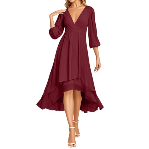 Chiffonkleid Damen Vorne Kurz Hinten Lang Kleid Hochzeitsgast Abendkleider Elegant Für Hochzeit A Linie Cocktailkleid Frauen Mit Ärmeln Wickelkleid V Ausschnitt Ballkleid Schwingen Partykleid von FUPODD