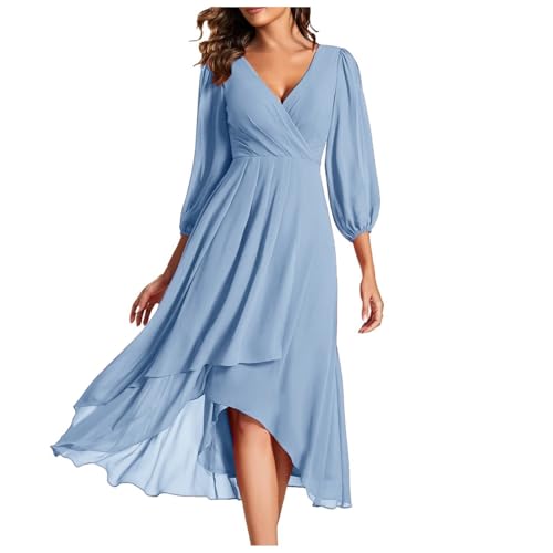 Chiffonkleid Damen Vorne Kurz Hinten Lang Kleid Hochzeitsgast Abendkleider Elegant Für Hochzeit A Linie Cocktailkleid Frauen Mit Ärmeln Wickelkleid V Ausschnitt Ballkleid Schwingen Partykleid von FUPODD