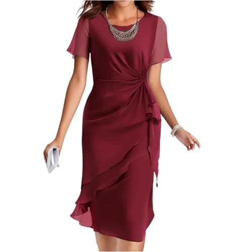 Chiffonkleid Festliche Kleider Für Damen Elegante Chiffon Kleid Hochzeitsgast Cocktailkleid Midi A Linie Sommerkleid Kurzarm Midikleid Elegant Festlich Sommerkleider Leicht Luftig Abendkleid von FUPODD