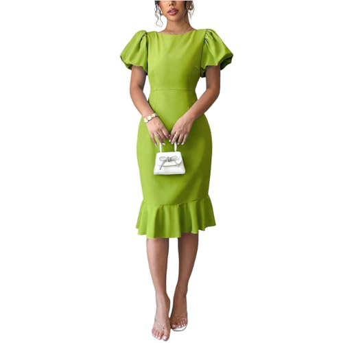Cocktailkleid Damen Elegant Midi Rüschen Kleid Hochzeitsgast Curvy Festliche Kleider Hochzeit Abendkleider Festlich Meerjungfrau Partykleid Frauen Puffärmel Sommerkleid A Linie Bleistiftkleid von FUPODD