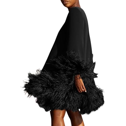 Cocktailkleid Damen Kurz Elegant Langarm Pulloverkleid Vintage Kunstfell Ballkleid Rundhals Einfarbig Abendkleid Langärmeliges Ausgestellte Für Frauen Kleid A Linie Frühlingskleid Winter von FUPODD