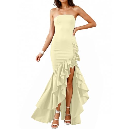 Cocktailkleid Damen Lang Asymmetrisch Rüschen Kleid Hochzeitsgast Curvy Bandeau Abendkleider Festlich Elegant Hochzeit Maxikleid Party Schulterfrei Abendkleid Frauen Rückenfrei Abschlusskleid von FUPODD