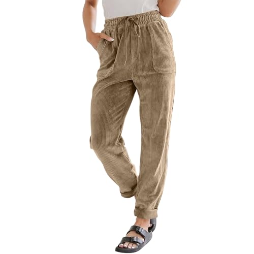 Cordhose Damen Casual High Waist Tapered Hose Frauen Baumwoll Gerades Bein Hosen Mit Gummizug Drawstring Gürtel Elegante Cord Stoffhose Einfarbig Freizeithosen Mit Taschen Samthose Baggy von FUPODD