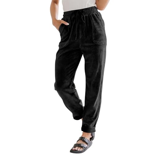 Cordhose Damen Casual High Waist Tapered Hose Frauen Baumwoll Gerades Bein Hosen Mit Gummizug Drawstring Gürtel Elegante Cord Stoffhose Einfarbig Freizeithosen Mit Taschen Samthose Baggy von FUPODD