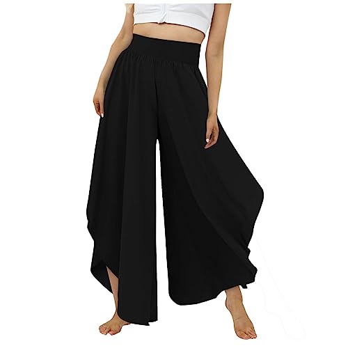 Culottes Hosen Damen Leichte Sommerhose, Damen Wickelhose mit Schlitz Weites Bein Rüschen Hose Damen Sommer Yogahose Leicht Luftige Sommerhosen Plissee Bequeme Sporthose für Frauen Schlaghose von FUPODD