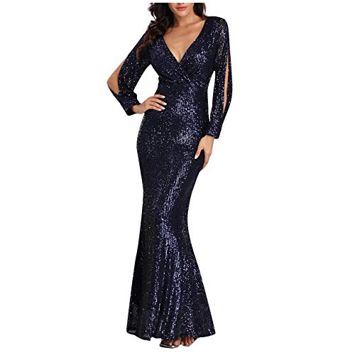 Damen Abendkleider Lang Pailletten Kleid Damen Langarm Curvy Bodenlang Cocktailkleid Damen Elegant Festliches Glitzerkleid Frauen V Ausschnitt Partykleid Lange Ballkleid Eng Paillettenkleid von FUPODD
