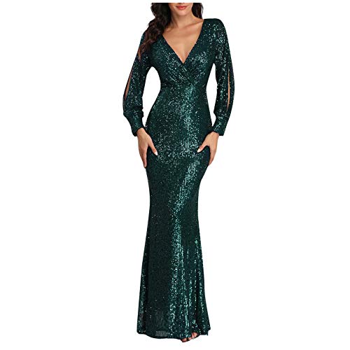 Damen Abendkleider Lang Pailletten Kleid Damen Langarm Curvy Bodenlang Cocktailkleid Damen Elegant Festliches Glitzerkleid Frauen V Ausschnitt Partykleid Lange Ballkleid Eng Paillettenkleid von FUPODD