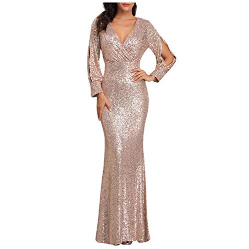 Damen Abendkleider Lang Pailletten Kleid Damen Langarm Curvy Bodenlang Cocktailkleid Damen Elegant Festliches Glitzerkleid Frauen V Ausschnitt Partykleid Lange Ballkleid Eng Paillettenkleid von FUPODD