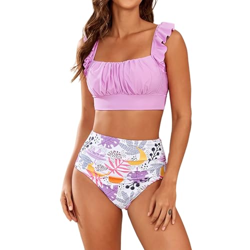 Damen Bikini Set Push Up Bauchweg Badeanzug Bauch Weg High Waist Bikinis Triangel Bademode Blumen 2 Teilig Badeanzüge Frauen Zweiteiler Mit Rüschen Verstellbare Träger Swimsuits Strandmode von FUPODD