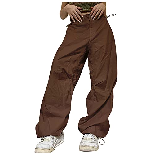 Damen Cargohose Baggy Oversize Vintage Y2k Wanderhose Damen Cargo Hosen Damen Schwarz Low Waist Baggy Indie ästhetische Kordelzug Loose Pocket Jogger Parachute Pants Damen Lang Mit Taschen von FUPODD