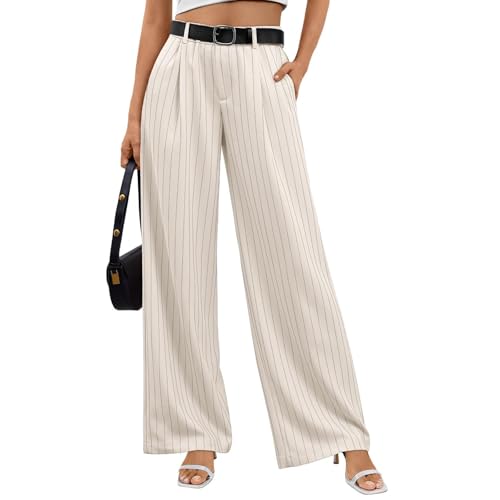 Damen Freizeithose Weites Bein Gestreift Palazzo Hose Frauen Elegant Elastische Anzughose High Waist Stoffhose Büro Alltag Marlenehose Casual Culottes Hosen Bequeme Plissee Hosen Mit Taschen von FUPODD