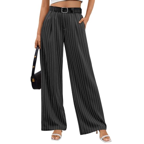 Damen Freizeithose Weites Bein Gestreift Palazzo Hose Frauen Elegant Elastische Anzughose High Waist Stoffhose Büro Alltag Marlenehose Casual Culottes Hosen Bequeme Plissee Hosen Mit Taschen von FUPODD