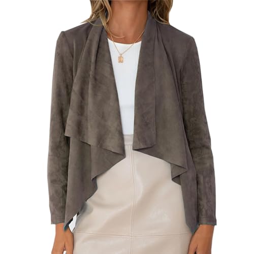 Damen-Jacken Elegant Jacke Damen Winter Herbstjacke Hirschlederimitat Mantel Unregelmäßiger Rüschensaum Cardigan Langarmshirt Einfarbig Frauen Strickjacke Mit Wasserfallkragen Übergangsjacke von FUPODD