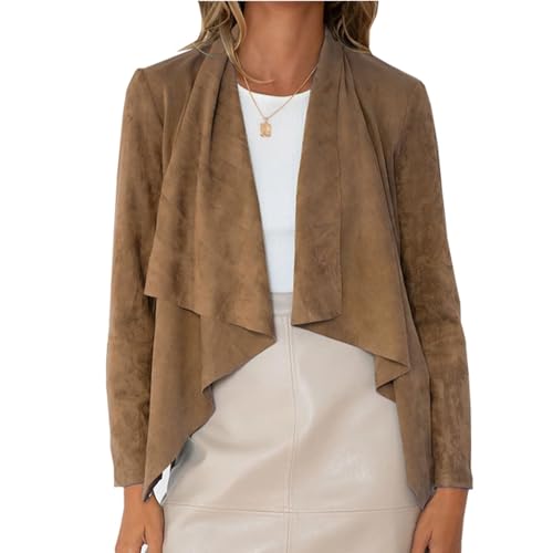 Damen-Jacken Elegant Jacke Damen Winter Herbstjacke Hirschlederimitat Mantel Unregelmäßiger Rüschensaum Cardigan Langarmshirt Einfarbig Frauen Strickjacke Mit Wasserfallkragen Übergangsjacke von FUPODD