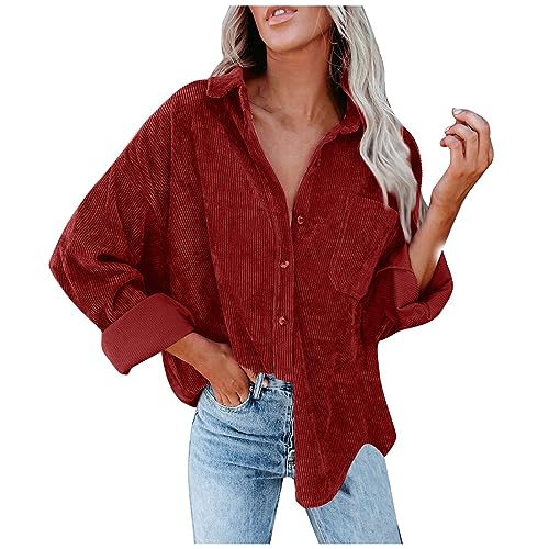 Damen-Jacken Elegant Langarm Cordjacke Damen Hemdjacke Damen Lässig Musselin Bluse Oversize Shirt Cordhemd Oberteile Hemdbluse Button Down Freizeitjacke Übergangsjacke Herbstjacke Frauen von FUPODD