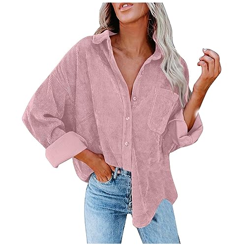 Damen-Jacken Elegant Langarm Cordjacke Damen Hemdjacke Damen Lässig Musselin Bluse Oversize Shirt Cordhemd Oberteile Hemdbluse Button Down Freizeitjacke Übergangsjacke Herbstjacke Frauen von FUPODD