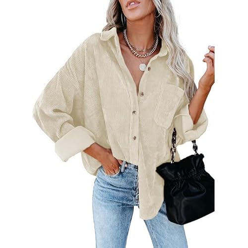 Damen-Jacken Elegant Langarm Cordjacke Damen Hemdjacke Damen Lässig Musselin Bluse Oversize Shirt Cordhemd Oberteile Hemdbluse Button Down Freizeitjacke Übergangsjacke Herbstjacke Frauen von FUPODD