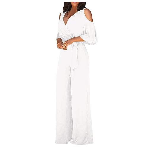 Damen Jumpsuit Elegant Für Hochzeit Festlich Jumpsuits Lang Weites Bein Mit Gürtel Overall Damen Sommer Romper V Ausschnitt Hosenanzug Cold Shoulder Kurzarm Playsuit Frauen Wide Leg Einteiler von FUPODD