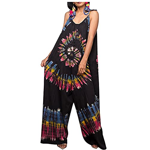 Damen Jumpsuit Sommer Lang Weites Bein Boho Overall Damen Elegant Weit Spagethiträger Schnürung Jumpsuits Locker Ärmellos Rückenfrei Oversize Playsuit Frauen Retro Muster Romper V Ausschnitt von FUPODD