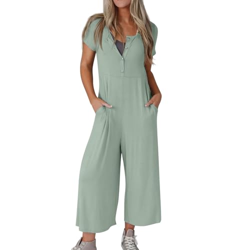 Damen Jumpsuit Sommer Weites Bein 7/8 Lang Overall Damen Sommer Kurzarm Mit Tasche Jumpsuits Elegant Onesie Locker Romper Frauen Einfarbig Playsuit Mit Knopfleiste Einteiler Leicht Lässiger von FUPODD