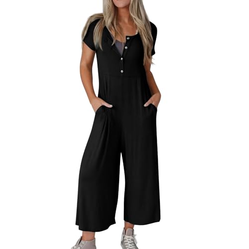Damen Jumpsuit Sommer Weites Bein 7/8 Lang Overall Damen Sommer Kurzarm Mit Tasche Jumpsuits Elegant Onesie Locker Romper Frauen Einfarbig Playsuit Mit Knopfleiste Einteiler Leicht Lässiger von FUPODD