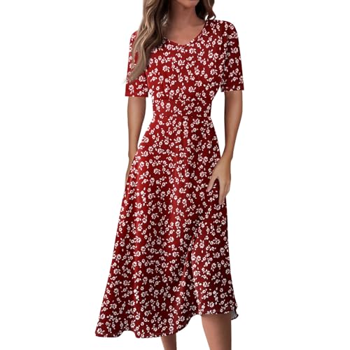 Damen Kleid Sommer Midi A Linie Sommerkleid Elegant Blumen Midikleid V Ausschnitt Sommerkleider Frauen Leicht Luftig Kleider Kurzarm Blumenkleid Geblümt Strandkleid Luftige Freizeitkleid von FUPODD