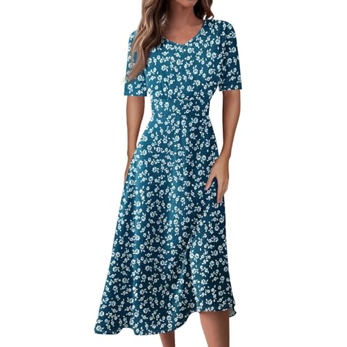 Damen Kleid Sommer Midi A Linie Sommerkleid Elegant Blumen Midikleid V Ausschnitt Sommerkleider Frauen Leicht Luftig Kleider Kurzarm Blumenkleid Geblümt Strandkleid Luftige Freizeitkleid von FUPODD