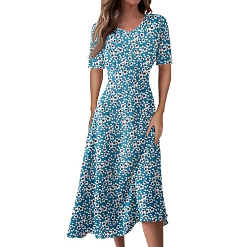 Damen Kleid Sommer Midi A Linie Sommerkleid Elegant Blumen Midikleid V Ausschnitt Sommerkleider Frauen Leicht Luftig Kleider Kurzarm Blumenkleid Geblümt Strandkleid Luftige Freizeitkleid von FUPODD