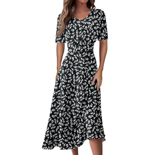 Damen Kleid Sommer Midi A Linie Sommerkleid Elegant Blumen Midikleid V Ausschnitt Sommerkleider Frauen Leicht Luftig Kleider Kurzarm Blumenkleid Geblümt Strandkleid Luftige Freizeitkleid von FUPODD