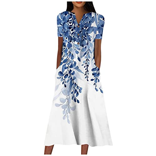 Damen Kleider Lang A Linie Sommerkleid Elegant Sommerkleider Leicht Und Luftig Boho Tunika Kleid Mit Taschen Sommer Italienische Strandkleid Kurzarm V Ausschnitt Freizeitkleider Frauen Locker von FUPODD