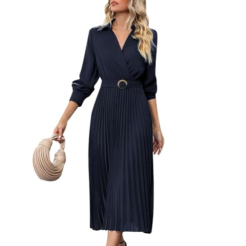 Damen Kleider Lang Elegant Langarm Faltenkleid A Linie Kleid V Ausschnitt Maxikleider Frauen mit Gürtel Maxi Hemdkleid Einfarbig Herbstkleid Festlich Plisseekleid Business Wickelkleid Party von FUPODD