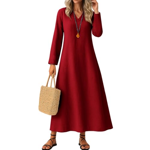 Damen Kleider Lang Langarm Herbstkleid V Ausschnitt Kleid Maxi A Linie Elegant Maxikleider Mit Ärmel Frühlingskleid Einfarbig Baumwolle Damenkleider Locker Boho Freizeitkleider Frauen Schick von FUPODD