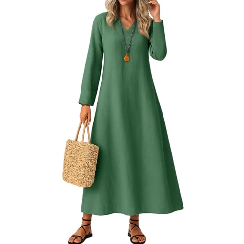 Damen Kleider Lang Langarm Herbstkleid V Ausschnitt Kleid Maxi A Linie Elegant Maxikleider Mit Ärmel Frühlingskleid Einfarbig Baumwolle Damenkleider Locker Boho Freizeitkleider Frauen Schick von FUPODD
