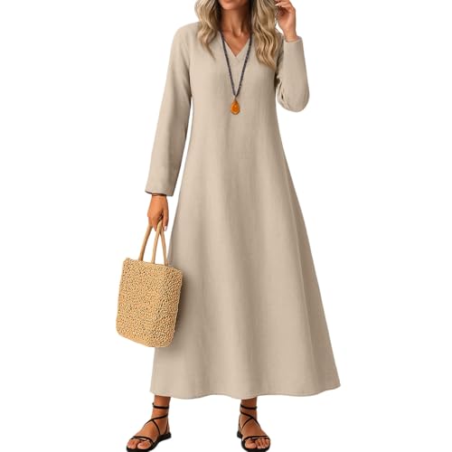 Damen Kleider Lang Langarm Herbstkleid V Ausschnitt Kleid Maxi A Linie Elegant Maxikleider Mit Ärmel Frühlingskleid Einfarbig Baumwolle Damenkleider Locker Boho Freizeitkleider Frauen Schick Damen Kleider Lang Langarm Herbstkleid V Ausschnitt Kleid Maxi A Linie Elegant Maxikleider Mit Ärmel Frühlingskleid Einfarbig Baumwolle Damenkleider Locker Boho Freizeitkleider Frauen Schick von FUPODD