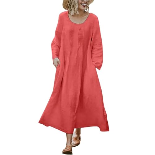 Damen Kleider Langarm Elegant Lang Kleid A Linie Plissee Große Größen Herbstkleid Baumwolle Strandkleid mit Taschen Damenkleider Locker Einfarbig Leicht Freizeitkleider Frauen Mollig Frühling von FUPODD