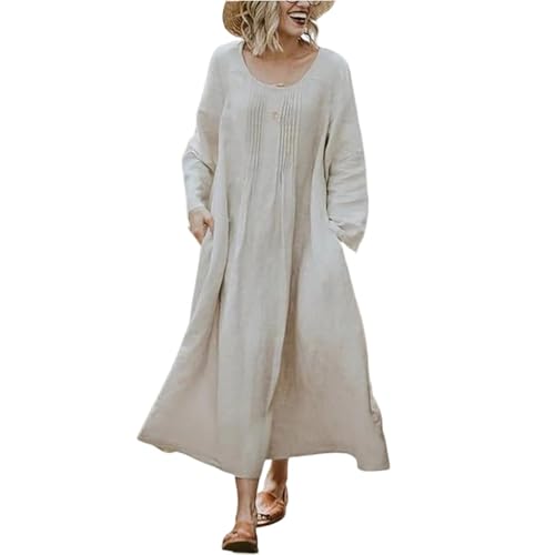 Damen Kleider Langarm Elegant Lang Kleid A Linie Plissee Große Größen Herbstkleid Baumwolle Strandkleid mit Taschen Damenkleider Locker Einfarbig Leicht Freizeitkleider Frauen Mollig Frühling von FUPODD