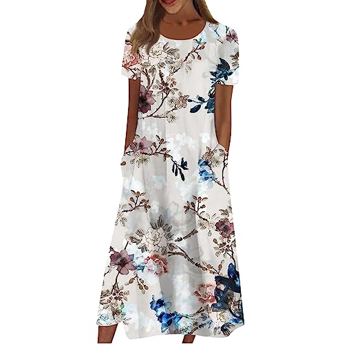 Damen Kleider Mit Ärmeln Midi Kleid Damen Sommer Geblümtes Italienische Mode Floral Strandtunika Luftiges Sommerkleid Midi Dünne Vintage Damenkleider Strand Freizeit Summer Dress for Women von FUPODD