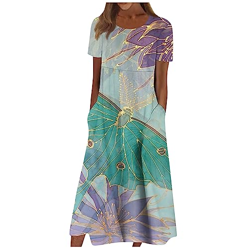 Damen Kleider Mit Ärmeln Midi Kleid Damen Sommer Geblümtes Italienische Mode Floral Strandtunika Luftiges Sommerkleid Midi Dünne Vintage Damenkleider Strand Freizeit Summer Dress for Women von FUPODD