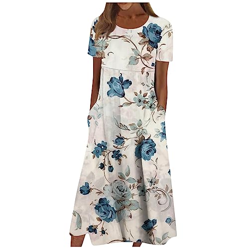 Damen Kleider Mit Ärmeln Midi Kleid Damen Sommer Geblümtes Italienische Mode Floral Strandtunika Luftiges Sommerkleid Midi Dünne Vintage Damenkleider Strand Freizeit Summer Dress for Women von FUPODD