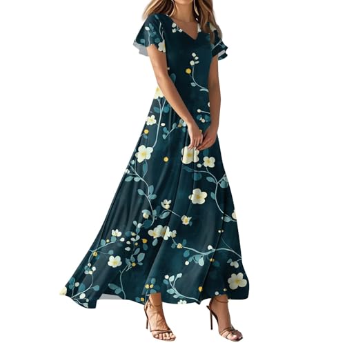 Damen Kleider Sommer Blumen Langes Sommerkleid Damen Leicht Und Luftig Damenkleider Lang Elegant A Linie Maxikleid V Ausschnitt Kleid Elegante Schick Sommerkleider Frauen Maxi Strandkleid von FUPODD