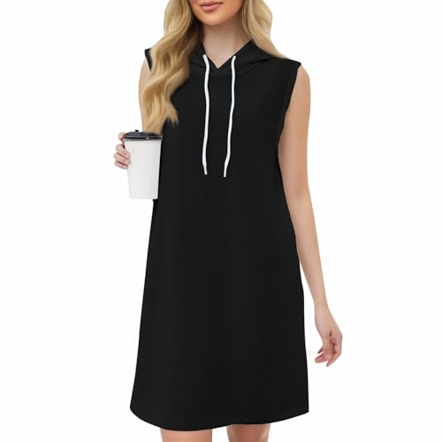 Damen Kleider Sommer Kurz Ärmellos Blusenkleid Frauen A Linie Elegant Sommerkleid Mit Kapuze Tunnelzug Tshirtkleid Locker Sommerkleider Damen Leicht Und Luftig Oversize Tunika Kleid Jersey von FUPODD