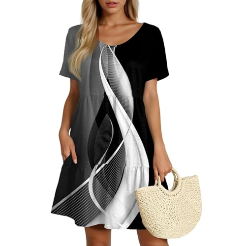 Damen Kleider Sommer Kurz Rüschen Sommerkleid Damen Leicht Und Luftig Boho Kleid Mit Taschen Elegant Sommerkleider Leichte A Linie Bohemian Strandkleid Frauen Kurzarm Damenkleider Bedruckt von FUPODD