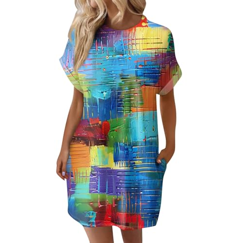 Damen Kleider Sommer Kurz Sommerkleid Leicht Elegant Strandkleid Luftig Blumenkleid Muster Sommerkleider Mit Ärmeln Tunika Kleid A Linie Shirtkleid Mini Weite Freizeitkleid Frauen Mit Taschen von FUPODD